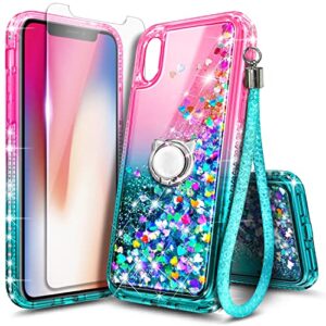 ngb case for iphone x, iphone xs with tempered glass screen protector, ring holder/wrist strap, girls women liquid bling sparkle flowing floating glitter clear cute case (pink/aqua)