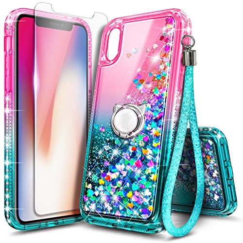 NGB Case for iPhone X, iPhone Xs with Tempered Glass Screen Protector, Ring Holder/Wrist Strap, Girls Women Liquid Bling Sparkle Flowing Floating Glitter Clear Cute Case (Pink/Aqua)