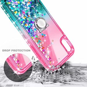 NGB Case for iPhone X, iPhone Xs with Tempered Glass Screen Protector, Ring Holder/Wrist Strap, Girls Women Liquid Bling Sparkle Flowing Floating Glitter Clear Cute Case (Pink/Aqua)