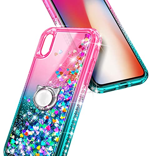 NGB Case for iPhone X, iPhone Xs with Tempered Glass Screen Protector, Ring Holder/Wrist Strap, Girls Women Liquid Bling Sparkle Flowing Floating Glitter Clear Cute Case (Pink/Aqua)