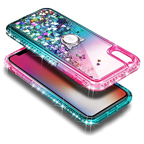 NGB Case for iPhone X, iPhone Xs with Tempered Glass Screen Protector, Ring Holder/Wrist Strap, Girls Women Liquid Bling Sparkle Flowing Floating Glitter Clear Cute Case (Pink/Aqua)