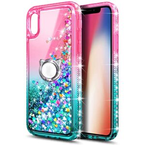 NGB Case for iPhone X, iPhone Xs with Tempered Glass Screen Protector, Ring Holder/Wrist Strap, Girls Women Liquid Bling Sparkle Flowing Floating Glitter Clear Cute Case (Pink/Aqua)