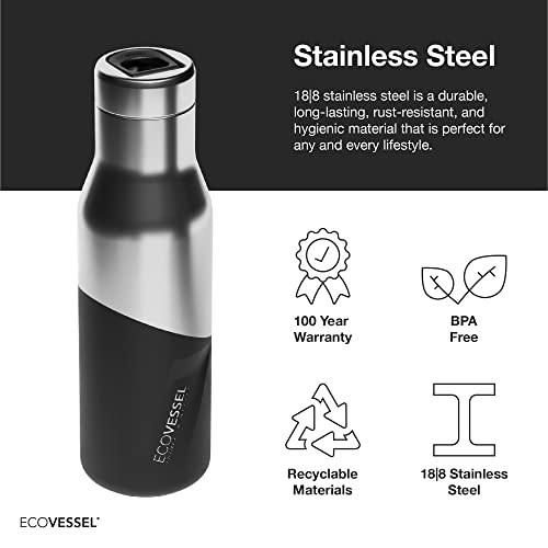 EcoVessel ASPEN Stainless Steel Water Bottle with Insulated Lid, Metal Water Bottle with Rubber Non-Slip Base. Wine Tumbler Reusable Water Bottle - 16oz (Grey Smoke)