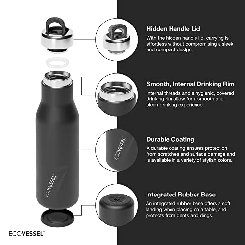 EcoVessel ASPEN Stainless Steel Water Bottle with Insulated Lid, Metal Water Bottle with Rubber Non-Slip Base. Wine Tumbler Reusable Water Bottle - 16oz (Grey Smoke)