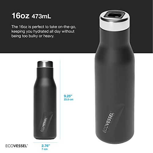 EcoVessel ASPEN Stainless Steel Water Bottle with Insulated Lid, Metal Water Bottle with Rubber Non-Slip Base. Wine Tumbler Reusable Water Bottle - 16oz (Grey Smoke)