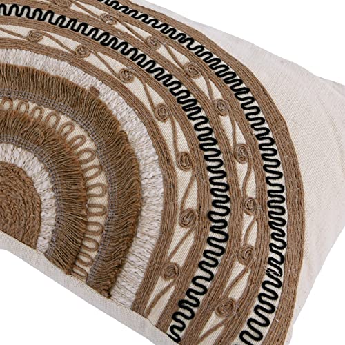 Bloomingville Rustic Boho Decorative Cotton and Linen Lumbar Embroidered Abstract Sunrise Pattern Pillow, Multicolored