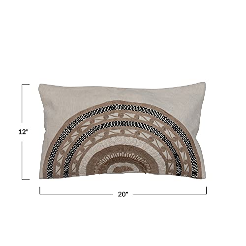 Bloomingville Rustic Boho Decorative Cotton and Linen Lumbar Embroidered Abstract Sunrise Pattern Pillow, Multicolored