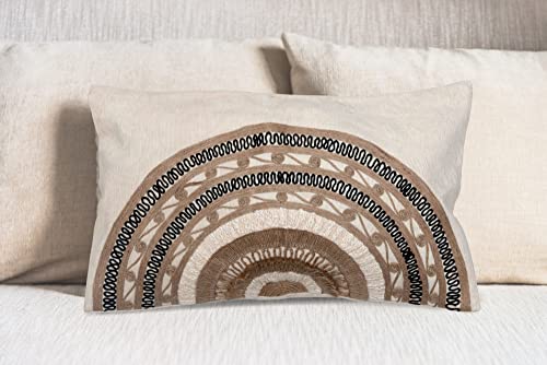 Bloomingville Rustic Boho Decorative Cotton and Linen Lumbar Embroidered Abstract Sunrise Pattern Pillow, Multicolored