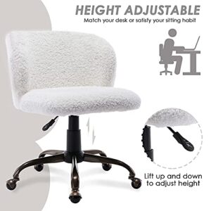 HEAH-YO Modern White Computer Task Desk Chair with Wheels, Swivel Adjustable Vanity Chair Faux Fur Armless Office Chair for Teens Dorm Room Office