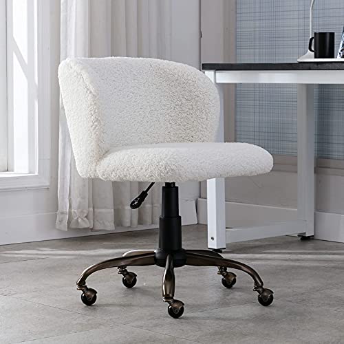 HEAH-YO Modern White Computer Task Desk Chair with Wheels, Swivel Adjustable Vanity Chair Faux Fur Armless Office Chair for Teens Dorm Room Office