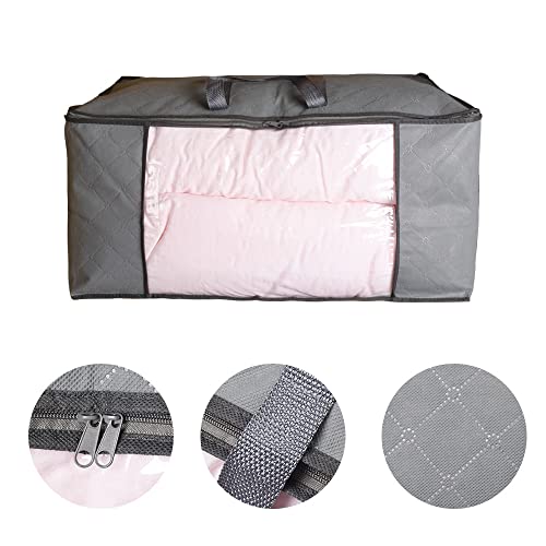 ROYTXT Fabric Organization and Storage Bins Containers Clothes Foldable Box with Handle Zipper Lids Comforters Blanket Cube Bags Dorm Room College Essentials Bedding Closet Bedroom 3 Pack, 81L, Grey