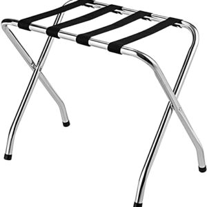 MAT EXPERT Folding Luggage Rack, No Assembly Required, 180lbs Capacity Luggage Holder w/ Nylon Straps & Non-slip Footpads, Chrome Suitcase Stand for Guest Room Home Bedroom Hotel, Silver