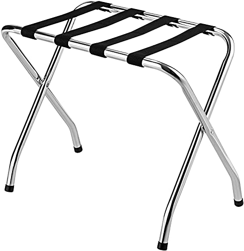 MAT EXPERT Folding Luggage Rack, No Assembly Required, 180lbs Capacity Luggage Holder w/ Nylon Straps & Non-slip Footpads, Chrome Suitcase Stand for Guest Room Home Bedroom Hotel, Silver