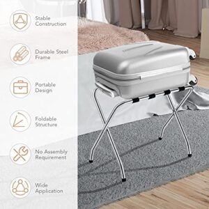 MAT EXPERT Folding Luggage Rack, No Assembly Required, 180lbs Capacity Luggage Holder w/ Nylon Straps & Non-slip Footpads, Chrome Suitcase Stand for Guest Room Home Bedroom Hotel, Silver