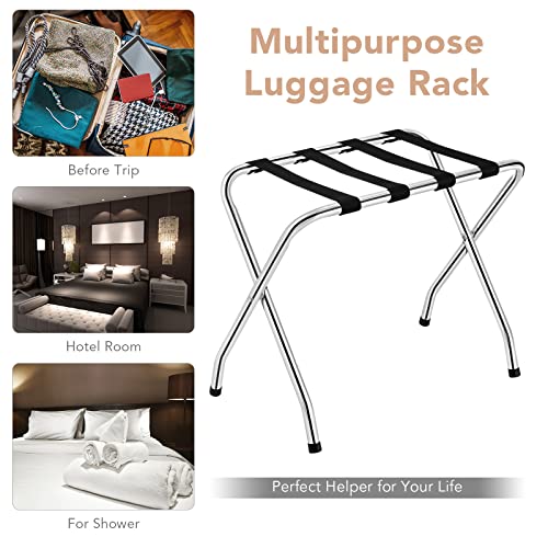 MAT EXPERT Folding Luggage Rack, No Assembly Required, 180lbs Capacity Luggage Holder w/ Nylon Straps & Non-slip Footpads, Chrome Suitcase Stand for Guest Room Home Bedroom Hotel, Silver