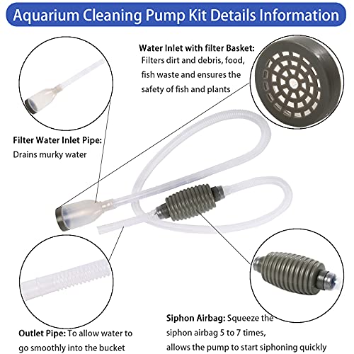 Fish Tank Cleaning Tools, Aquarium Gravel Cleaner Siphon Fish Tank Vacuum Cleaner, Algae Scrapers Set 5 in 1 Fish Tank Gravel Cleaner, Siphon Vacuum for Water Changing and Sand Cleaner (20-65 Gal)