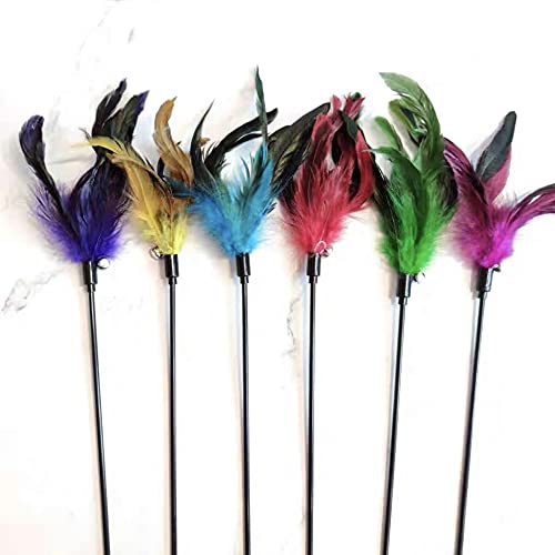 IUHKBH Cat Wand Toys, 6 PCS Interactive Cat Teaser Wand Cat Feather Toys with Loud Bell for Cat and Kitten