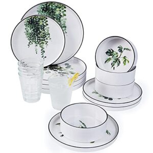 zog melamine dinnerware set for 4 - 16 pcs camping dishes set with dinner plates,salad plates,cups and bowls.lightweight and unbreakable (flower1)