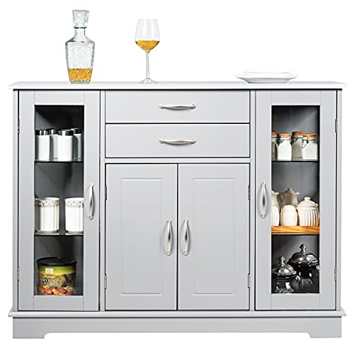 Hysache Buffet Sideboard, Kitchen Storage Cabinet w/2 Drawers & 3 Cabinets, Multifunctional Sideboard Console Table w/Adjustable Glass Shelves for Kitchen, Living Room, Dining Room (Grey)