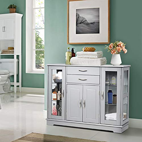 Hysache Buffet Sideboard, Kitchen Storage Cabinet w/2 Drawers & 3 Cabinets, Multifunctional Sideboard Console Table w/Adjustable Glass Shelves for Kitchen, Living Room, Dining Room (Grey)