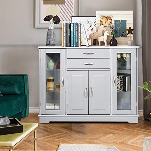 Hysache Buffet Sideboard, Kitchen Storage Cabinet w/2 Drawers & 3 Cabinets, Multifunctional Sideboard Console Table w/Adjustable Glass Shelves for Kitchen, Living Room, Dining Room (Grey)