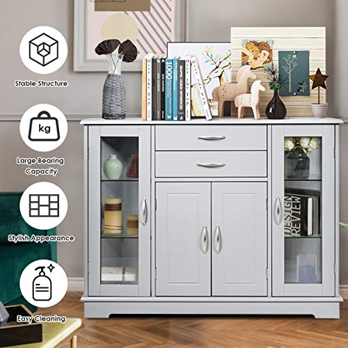 Hysache Buffet Sideboard, Kitchen Storage Cabinet w/2 Drawers & 3 Cabinets, Multifunctional Sideboard Console Table w/Adjustable Glass Shelves for Kitchen, Living Room, Dining Room (Grey)