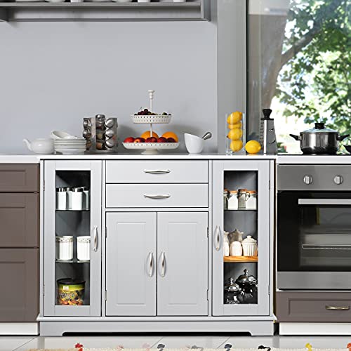 Hysache Buffet Sideboard, Kitchen Storage Cabinet w/2 Drawers & 3 Cabinets, Multifunctional Sideboard Console Table w/Adjustable Glass Shelves for Kitchen, Living Room, Dining Room (Grey)