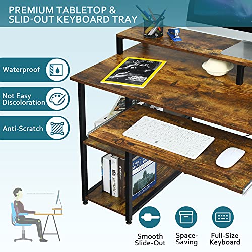 COSTWAY Computer Desk, 47’’ Home Office Table with Hutch, Book Shelves, Pull-Out Keyboard Tray, Monitor Stand, Industrial Writing Laptop Desk, for Workstation, Rustic Brown