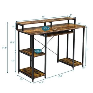 COSTWAY Computer Desk, 47’’ Home Office Table with Hutch, Book Shelves, Pull-Out Keyboard Tray, Monitor Stand, Industrial Writing Laptop Desk, for Workstation, Rustic Brown