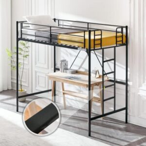 vingli twin loft bed with stairs, metal loft bunk bed with safety guard rails & flat ladder rung/rubber cover for kids teens adults, black