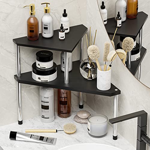 Weenson Bathroom Countertop Organizer Counter Shelf - Bathroom Organization 2 Tier Corner Shelf Bamboo Display Shelves Free-Standing Storage Organizer for Bathroom, Kitchen, Living Room (Black)