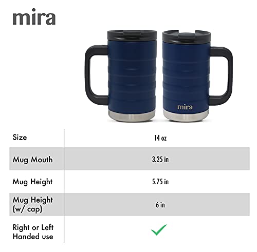 MIRA Vacuum Insulated Coffee Mug with Handle, 14oz Stainless Steel Tea Coffee Travel Mug, Double Wall Reusable thermal Coffee Cup with Lid, Admiral Blue