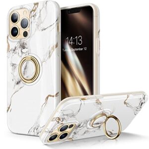 gviewin for iphone 13 pro max case 6.7 inch 2021, built-in 360° rotatable ring stand, durable marble ultra slim glossy hard shockproof kickstand phone holder protective case cover (white/gold)