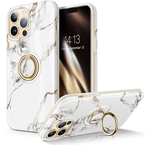 GVIEWIN for iPhone 13 Pro Max Case 6.7 Inch 2021, Built-in 360° Rotatable Ring Stand, Durable Marble Ultra Slim Glossy Hard Shockproof Kickstand Phone Holder Protective Case Cover (White/Gold)