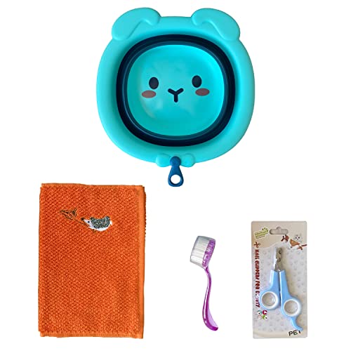 Hedgehog Bath Supplies Portable Small Animal Swimming Pool Collapsible Cute Foldable Hedgehog Bathtub Bathing Brush Cute Towel Clippers Claw Trimmer for Hamster, Guinea Pig, Reptile, (Blue Bathtub)