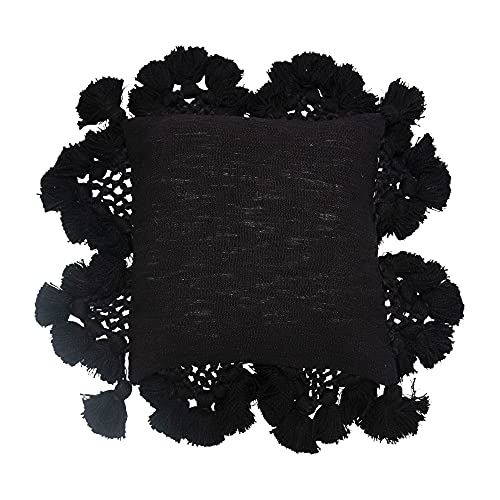 Creative Co-Op 18" Square Cotton Slub Crochet & Tassel, Fringe Detailing Pillow, Black