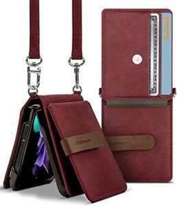 goospery wallet case compatible with galaxy z flip 3, detachable card holder 2 card pocket storage premium pu leather adjustable cross-body strap attached earbud cord organizer (burgundy)