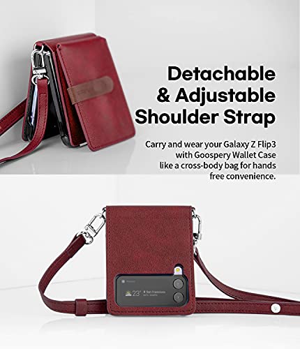 GOOSPERY Wallet Case Compatible with Galaxy Z Flip 3, Detachable Card Holder 2 Card Pocket Storage Premium PU Leather Adjustable Cross-Body Strap Attached Earbud Cord Organizer (Burgundy)