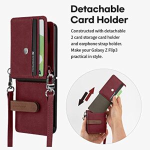 GOOSPERY Wallet Case Compatible with Galaxy Z Flip 3, Detachable Card Holder 2 Card Pocket Storage Premium PU Leather Adjustable Cross-Body Strap Attached Earbud Cord Organizer (Burgundy)