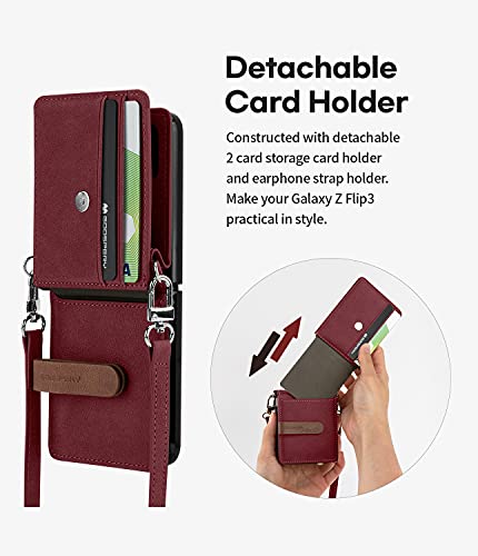 GOOSPERY Wallet Case Compatible with Galaxy Z Flip 3, Detachable Card Holder 2 Card Pocket Storage Premium PU Leather Adjustable Cross-Body Strap Attached Earbud Cord Organizer (Burgundy)