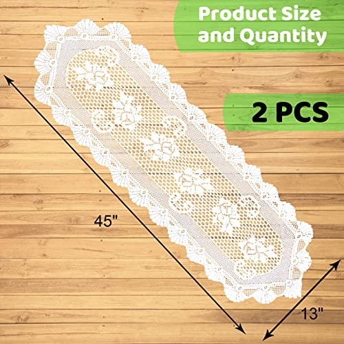 Hananona 2 Pcs Lace Table Runner, 45" x 13" White Cotton Table Dressers for Dining Coffee Tea End Tables, Table Doilies Cover for Home Decor (Style A)