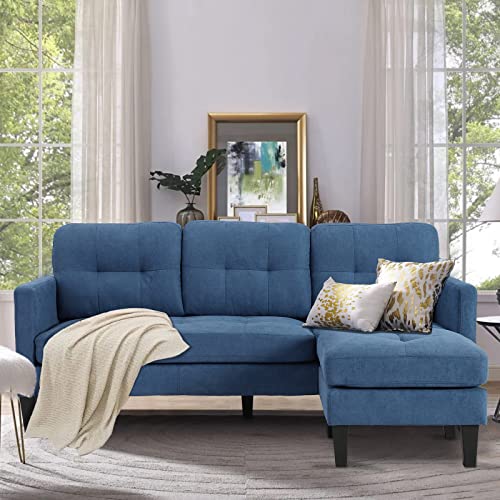 Grepatio Convertible Sectional Sofa Couch, L-Shaped Couch with Modern Linen Fabric for Small Space (Blue)