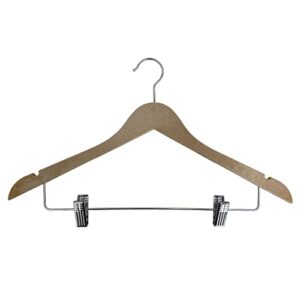 ustech bowed shaped eco-friendly clothes hangers with clips | heavy duty wood finish hanger for suits, pants, and skirts | closet space saver with shoulder notch for strappy dresses | pack of 10