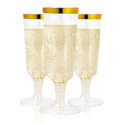 JOLLY CHEF 50 Pack Plastic Champagne Flutes Disposable 5 Oz Gold Rim Plastic Champagne Glasses Perfect for Wedding, Thanksgiving Day, Christmas