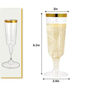 JOLLY CHEF 50 Pack Plastic Champagne Flutes Disposable 5 Oz Gold Rim Plastic Champagne Glasses Perfect for Wedding, Thanksgiving Day, Christmas