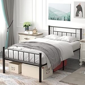 twin bed frames, 14 inch twin size bed frame for kids with headboard, heavy duty steel slat twin metal bed frames, no box spring needed, mattress foundation, anti-slip, easy assembly, black