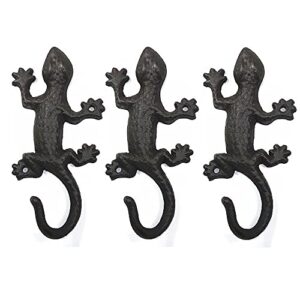 3 pack decorative gecko metal heavy duty hooks for wall, black cast iron lizard tail decor rustic key holders rack, cool wall mounted unique design retro coat aprons hats towels hangers set of 3