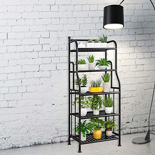 Casulo 5 Tier Metal Standing Shelf Iron Sheet Space Saver, Heavy Duty Storage Tower Rack, Multifunctional Shelving Unit Organizer Outdoor Flower Stand for Kitchen Bathroom Garage Pantry (Black)