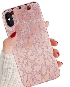 j.west iphone xs max case 6.5-inch, luxury saprkle bling glitter leopard print design soft metallic slim protective phone cases for women girls tpu silicone cover case rose gold