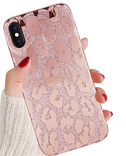 J.west iPhone Xs Max Case 6.5-inch, Luxury Saprkle Bling Glitter Leopard Print Design Soft Metallic Slim Protective Phone Cases for Women Girls TPU Silicone Cover Case Rose Gold